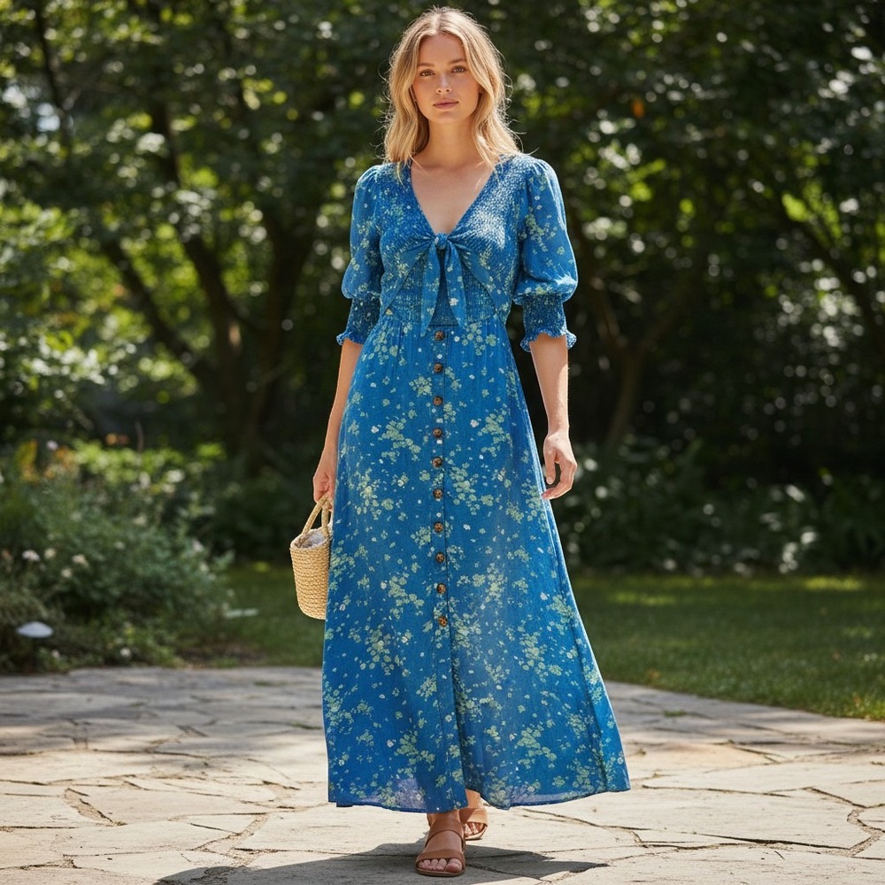 Free People Women's S Blue Floral Smocked Cutout Button Front Maxi Dress Boho